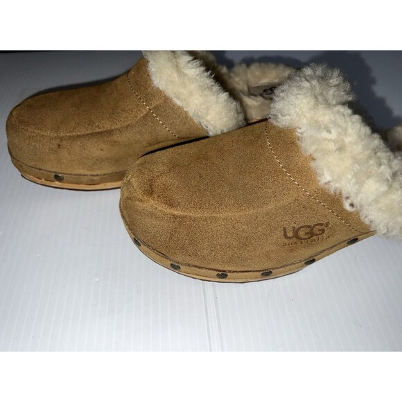 UGG Australia Women's Kalie Brown Suede Shoes US 8 Shearling Wooden Clogs Mules - Picture 2 of 12